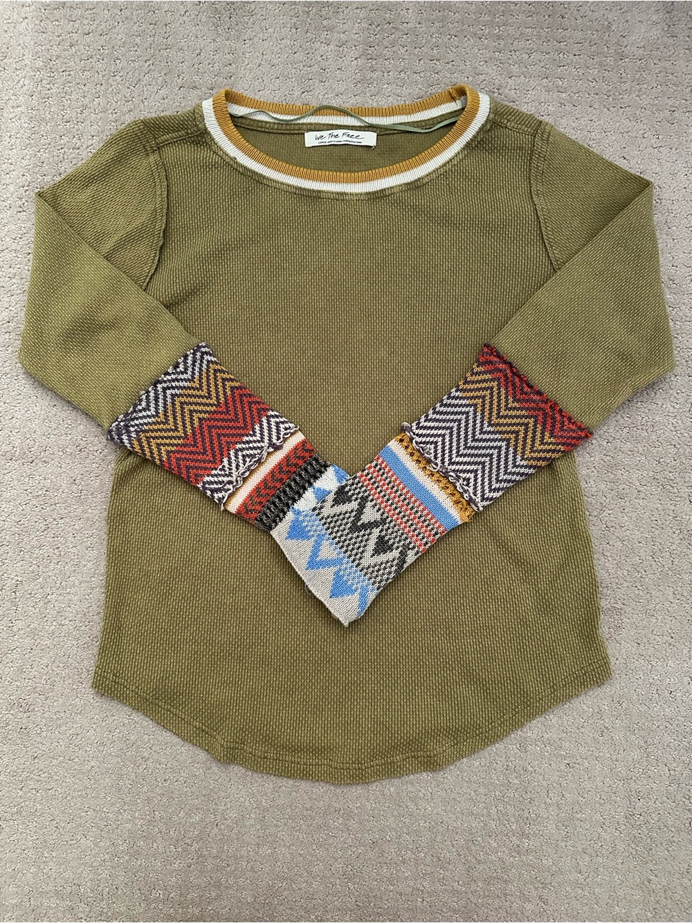 We The Free Olive Green Long Sleeve Top with Multicolor Patterned Cuffs